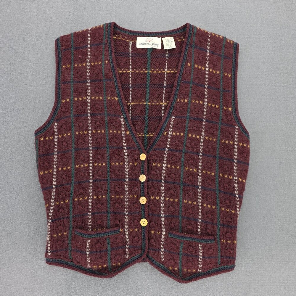 Vtg Carroll Reed Sweater Vest Womens Sz Medium Sheep Wool Hong Kong Plaid